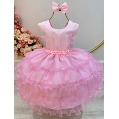 Vestido Infantil Rosa Claro Saia C/ Babados e Glitter Daminha