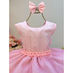 Vestido Infantil Rosa Claro Saia C/ Babados e Glitter Daminha