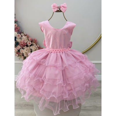Vestido Infantil Rosa Saia C/ Babados e Glitter Daminha