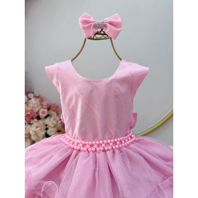 Vestido Infantil Rosa Saia C/ Babados e Glitter Daminha