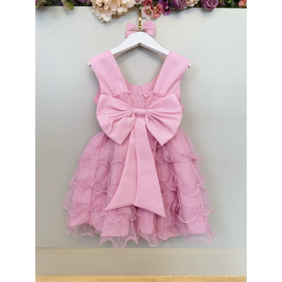 Vestido Infantil Rosa Saia C/ Babados e Glitter Daminha