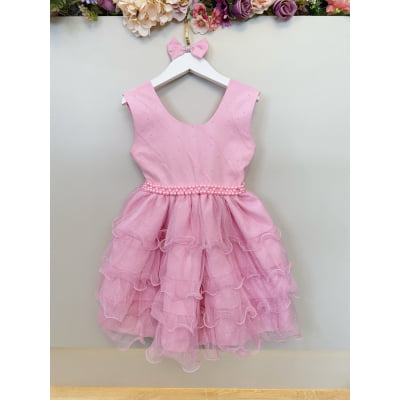 Vestido Infantil Rosa Saia C/ Babados e Glitter Daminha