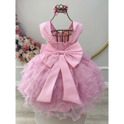 Vestido Infantil Rosa Saia C/ Babados e Glitter Daminha