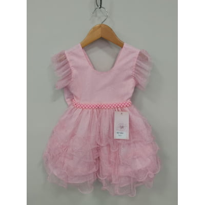 Vestido Infantil Rosa Claro Saia C/ Babados e Glitter Daminhas