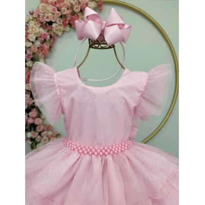 Vestido Infantil Rosa Claro Saia C/ Babados e Glitter Daminhas