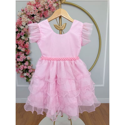 Vestido Infantil Rosa Claro Saia C/ Babados e Glitter Daminhas