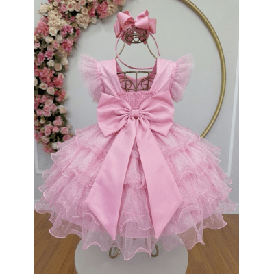 Vestido Infantil Rosa Claro Saia C/ Babados e Glitter Daminhas