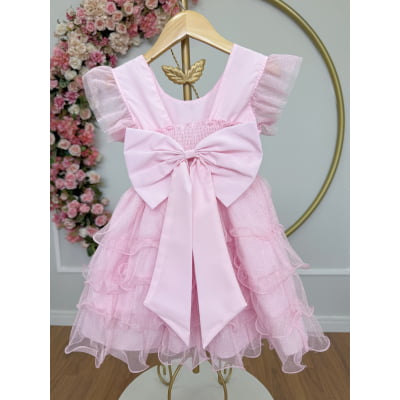 Vestido Infantil Rosa Claro Saia C/ Babados e Glitter Daminhas
