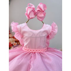 Vestido Infantil Rosa Claro Saia C/ Tule e Glitter Daminha