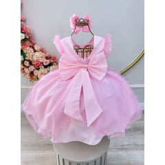 Vestido Infantil Rosa Claro Saia C/ Tule e Glitter Daminha