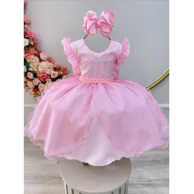 Vestido Infantil Rosa Claro Saia C/ Tule e Glitter Daminha