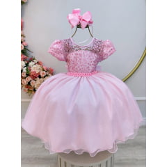 Vestido Infantil Rosa Claro Tule Bordado com Glitter Daminhas
