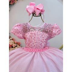 Vestido Infantil Rosa Claro Tule Bordado com Glitter Daminhas