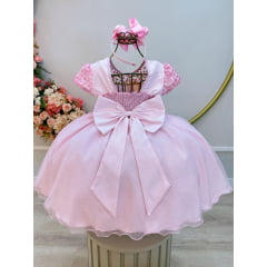 Vestido Infantil Rosa Claro Tule Bordado com Glitter Daminhas