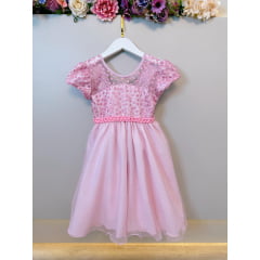 Vestido Infantil Rosa Claro Tule Bordado com Glitter Daminhas