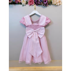 Vestido Infantil Rosa Claro Tule Bordado com Glitter Daminhas