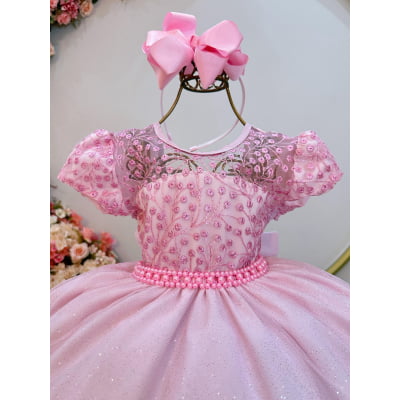 Vestido Infantil Rosa Claro Tule Bordado com Glitter Daminhas
