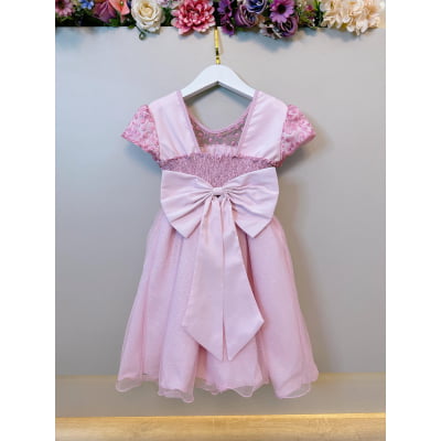 Vestido Infantil Rosa Claro Tule Bordado com Glitter Daminhas