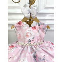 Vestido Infantil Rosa Flores Primavera Com Cinto de Pérolas
