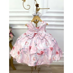 Vestido Infantil Rosa Flores Primavera Com Cinto de Pérolas