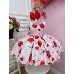 Vestido Infantil Rosa Flores Primavera Peito Strass Pérolas