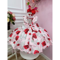 Vestido Infantil Rosa Flores Primavera Peito Strass Pérolas