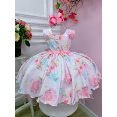 Vestido Infantil Rosa Flores Primavera Pérolas Peito Strass