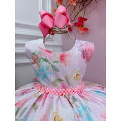 Vestido Infantil Rosa Flores Primavera Pérolas Peito Strass