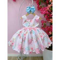 Vestido Infantil Rosa Flores Primavera Pérolas Peito Strass