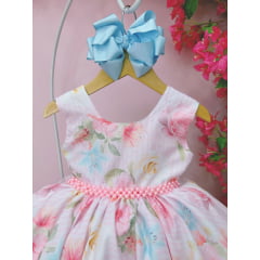 Vestido Infantil Rosa Flores Primavera Pérolas Peito Strass