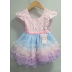 Vestido Infantil Rosa Saia Babados Coloridos Busto Nervura