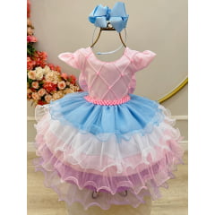 Vestido Infantil Rosa Saia Babados Coloridos Busto Nervura