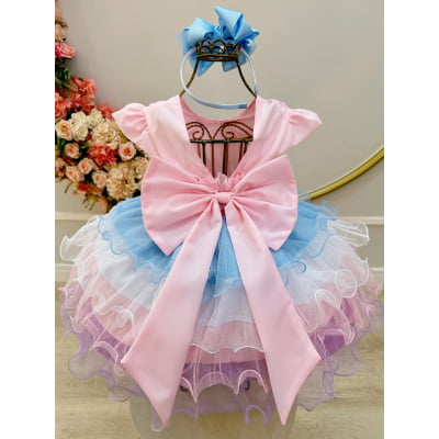 Vestido Infantil Rosa Saia Babados Coloridos Busto Nervura