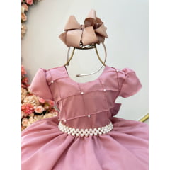 Vestido Infantil Rose Com Busto Nervura Pérolas Daminha