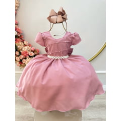 Vestido Infantil Rose Com Busto Nervura Pérolas Daminha