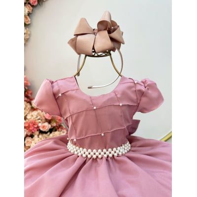 Vestido Infantil Rose Com Busto Nervura Pérolas Daminha