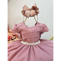 Vestido Infantil Rose Com Busto Nervura Pérolas e Glitter