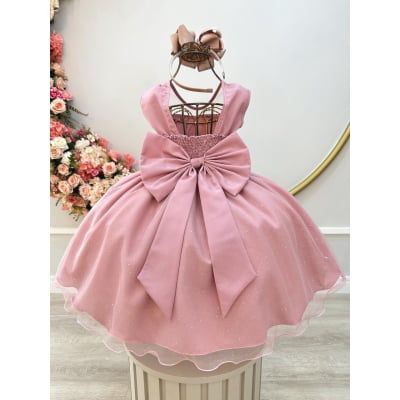Vestido Infantil Rose com Pérolas Saia C/ Glitter Daminhas