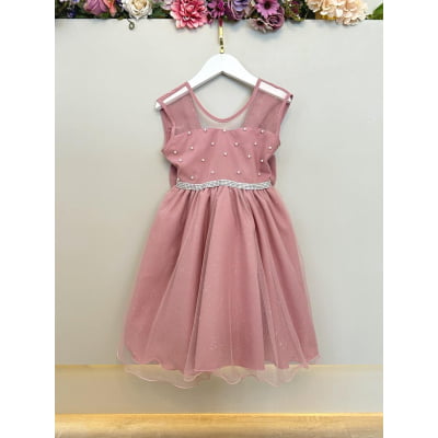 Vestido Infantil Rose com Pérolas Saia C/ Glitter Daminhas