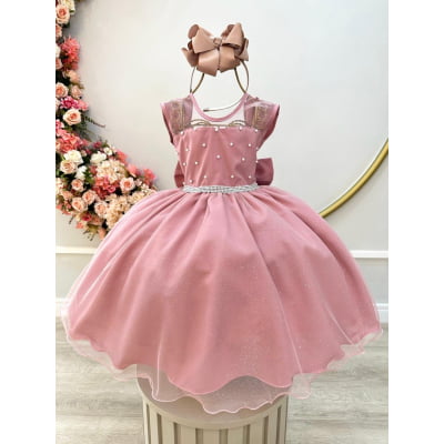 Vestido Infantil Rose com Pérolas Saia C/ Glitter Daminhas