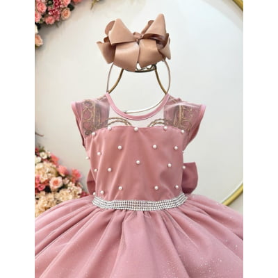 Vestido Infantil Rose com Pérolas Saia C/ Glitter Daminhas