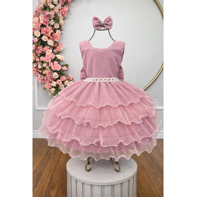 Vestido Infantil Rose Saia C/ Babados e Glitter Daminha