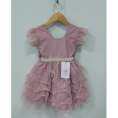 Vestido Infantil Rose Saia C/ Babados e Glitter Daminhas