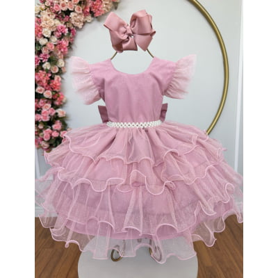 Vestido Infantil Rose Saia C/ Babados e Glitter Daminhas