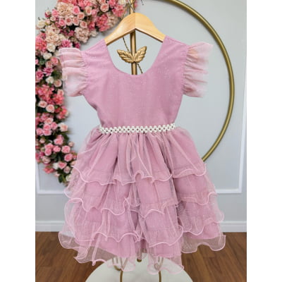 Vestido Infantil Rose Saia C/ Babados e Glitter Daminhas