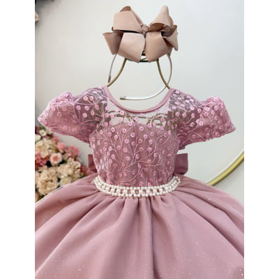 Vestido Infantil Rose Tule Bordado com Glitter Daminhas