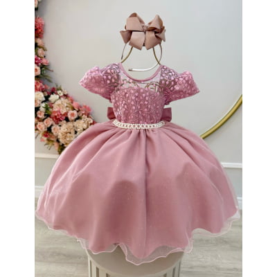 Vestido Infantil Rose Tule Bordado com Glitter Daminhas