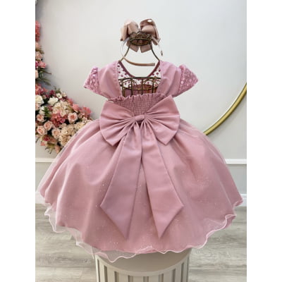Vestido Infantil Rose Tule Bordado com Glitter Daminhas