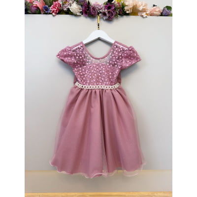 Vestido Infantil Rose Tule Bordado com Glitter Daminhas