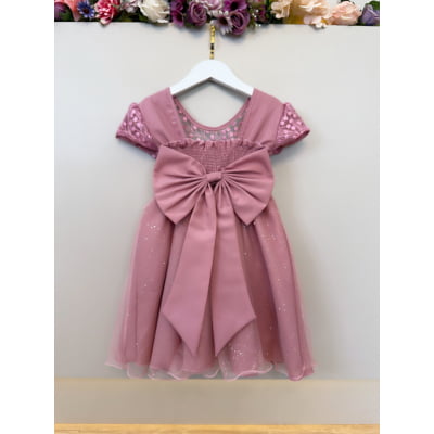 Vestido Infantil Rose Tule Bordado com Glitter Daminhas